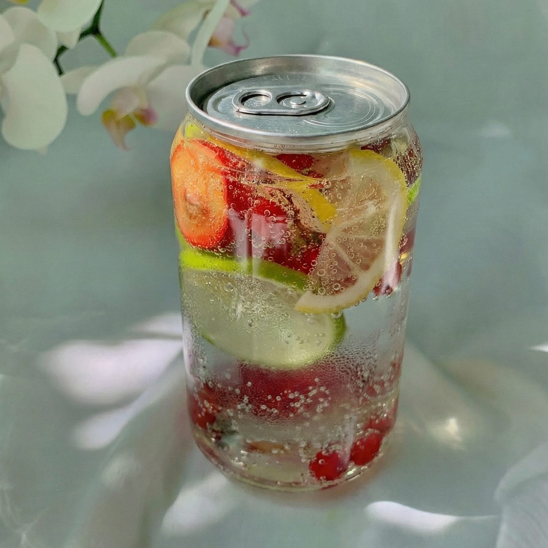 A can of sparkling water with lemon, lime, strawberry, and cucumber slices inside, and condensation on the outside of the can.