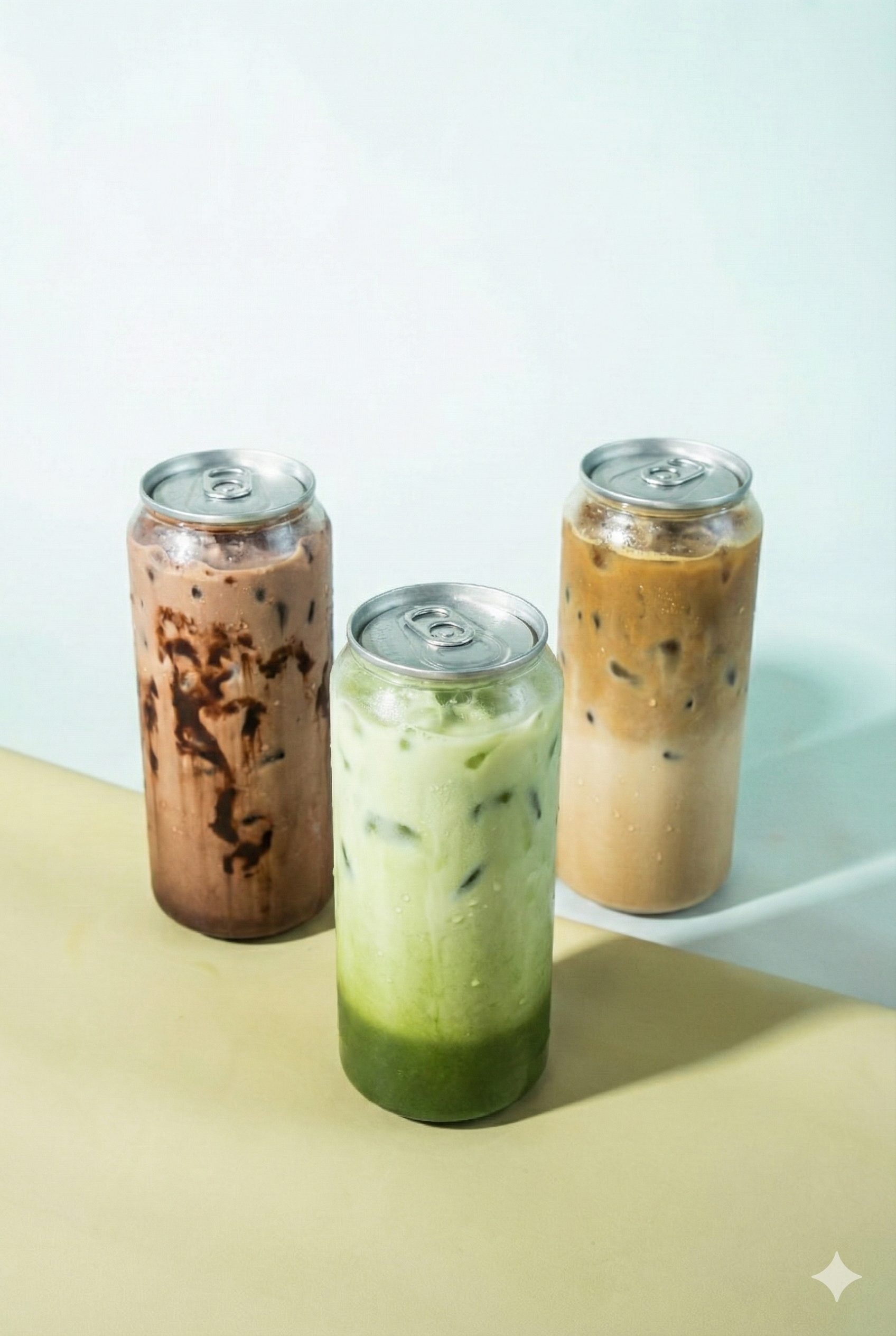Three canned iced coffee drinks with different flavors and colors placed on a pastel-colored surface.
