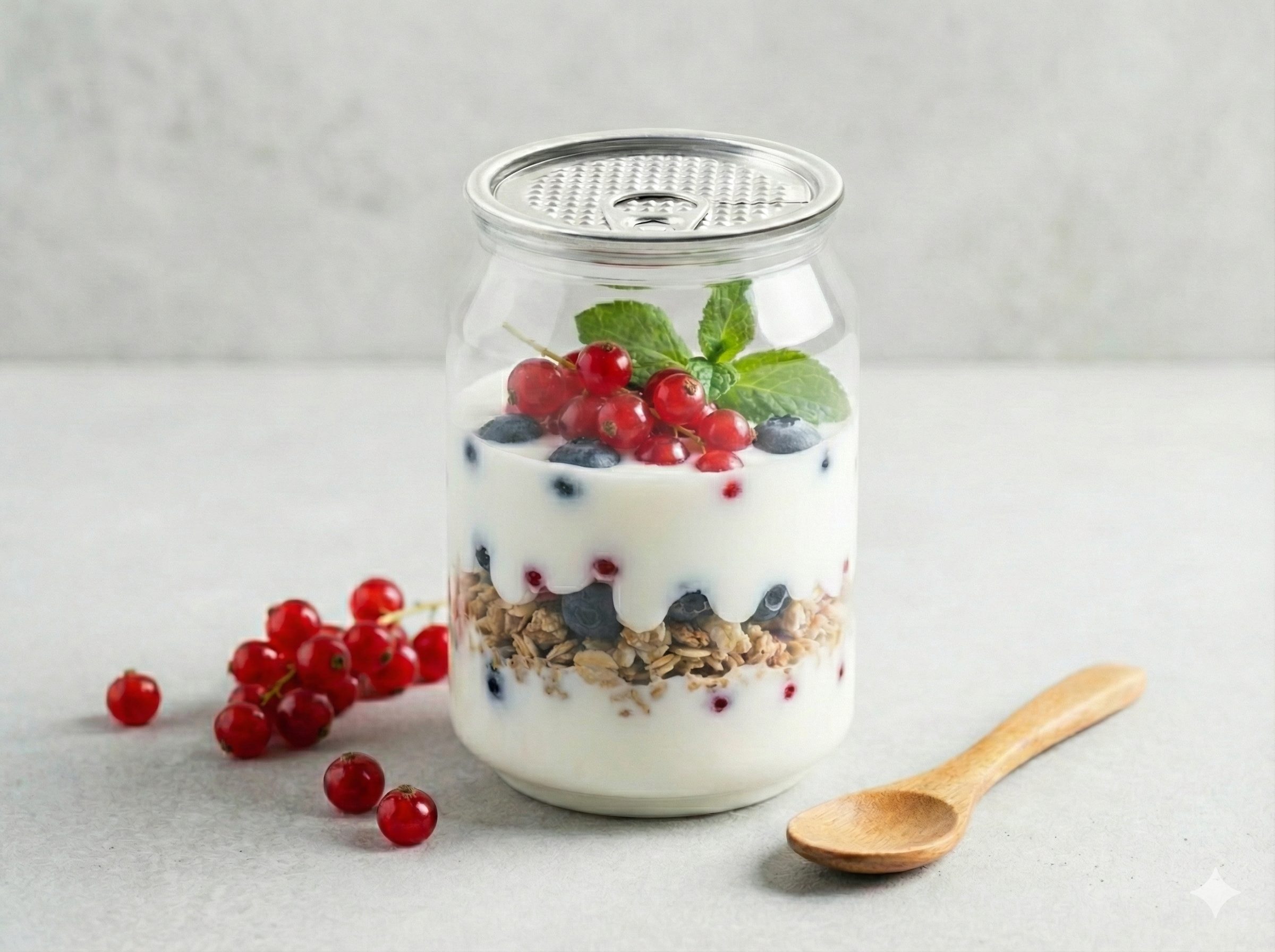 Layered yogurt parfait with granola, blueberries, red currants, mint, in a glass jar with a metal lid, surrounded by red currants and a wooden spoon.