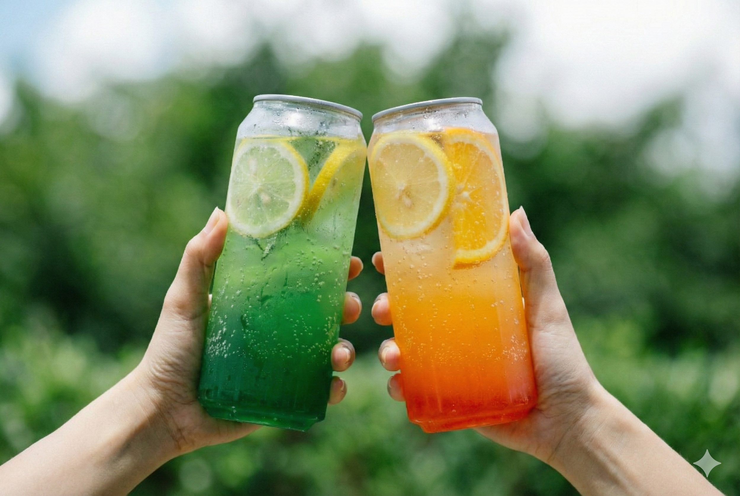 Two hands holding glass bottles of fruit-flavored soda, one with green soda and lemon slices, the other with orange soda and lemon slices, outdoors with green foliage background.